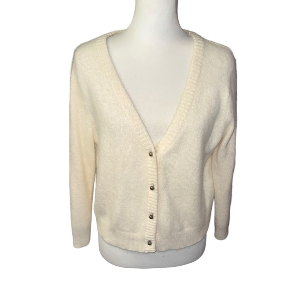 Lands’ End Ivory Cream V-Neck Button Front Women's Small Sweater Cardigan Angora